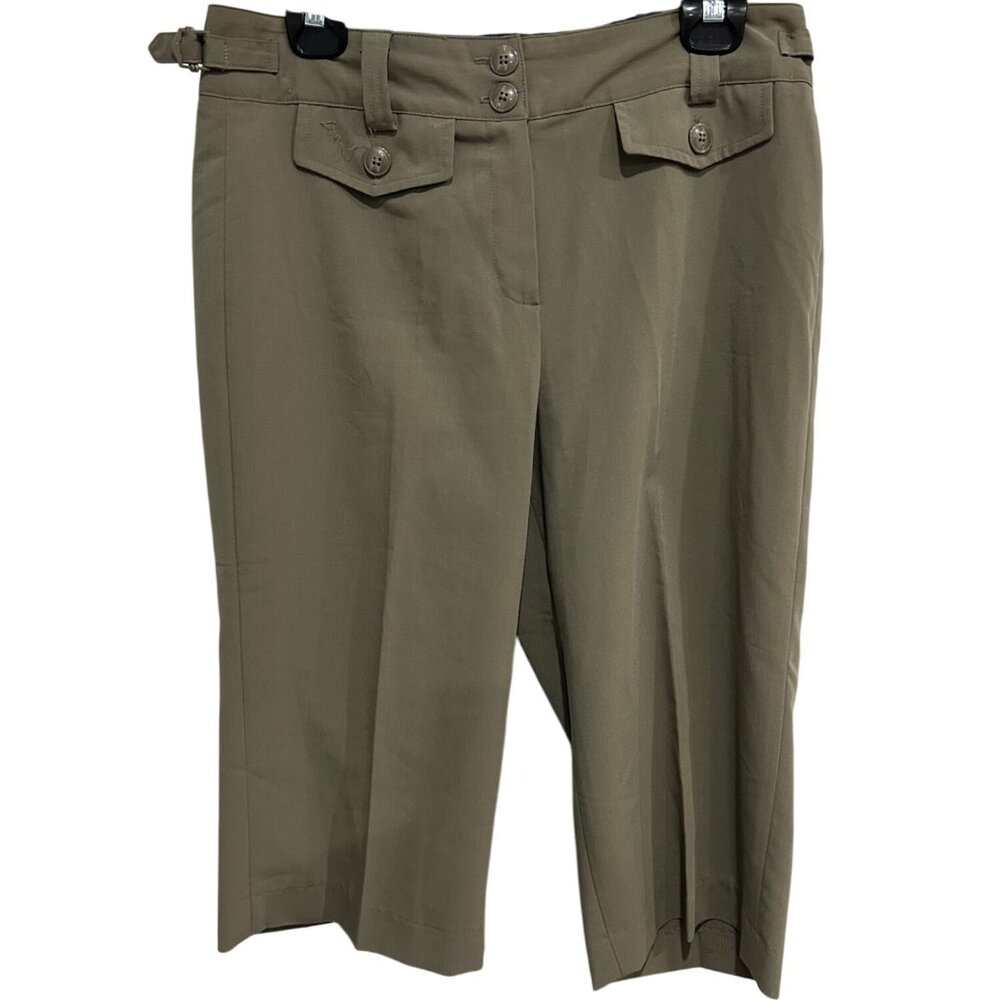Larry Levine Womens Khaki Stretch Button Details Capri Pants Sz 10 Casual Comfy